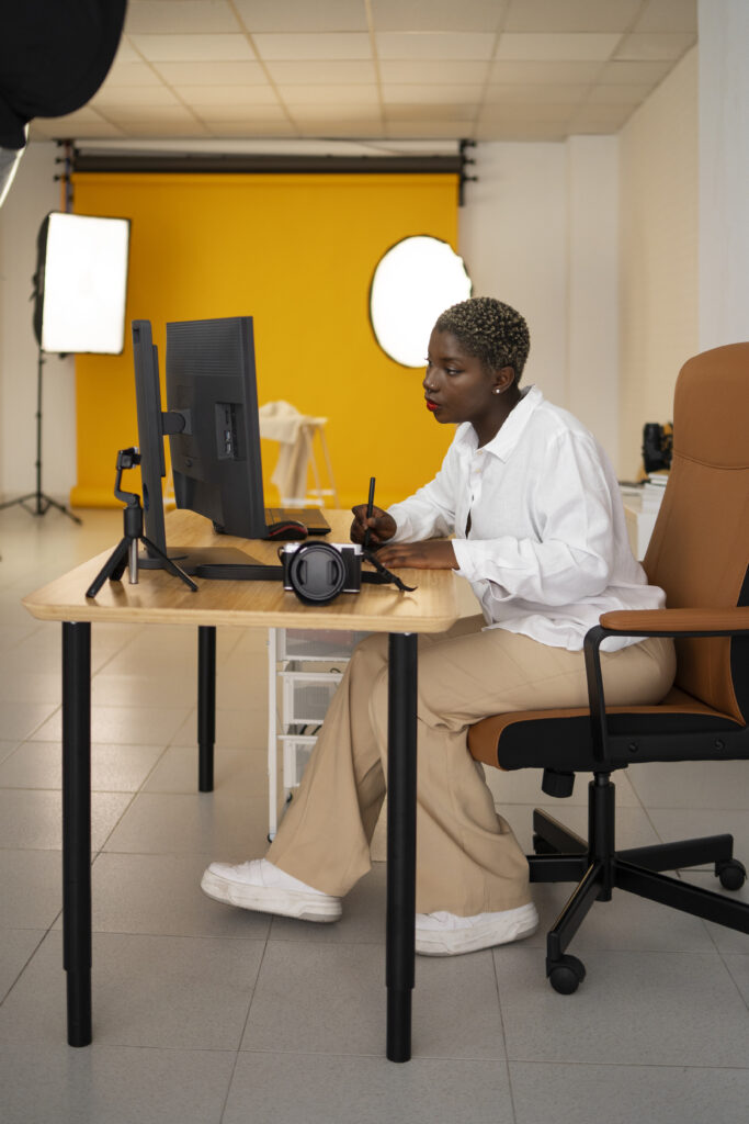 side view woman working as photographer